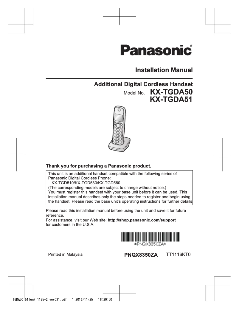 First page image of the manual for KX-TGDA51