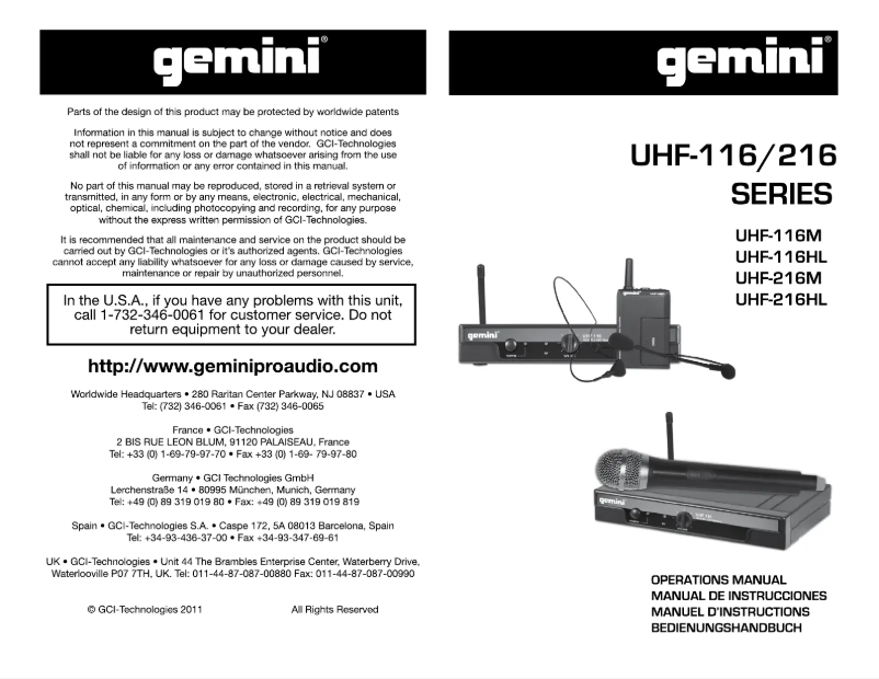Page 1 of the manual User Manual Gemini UHF-116M