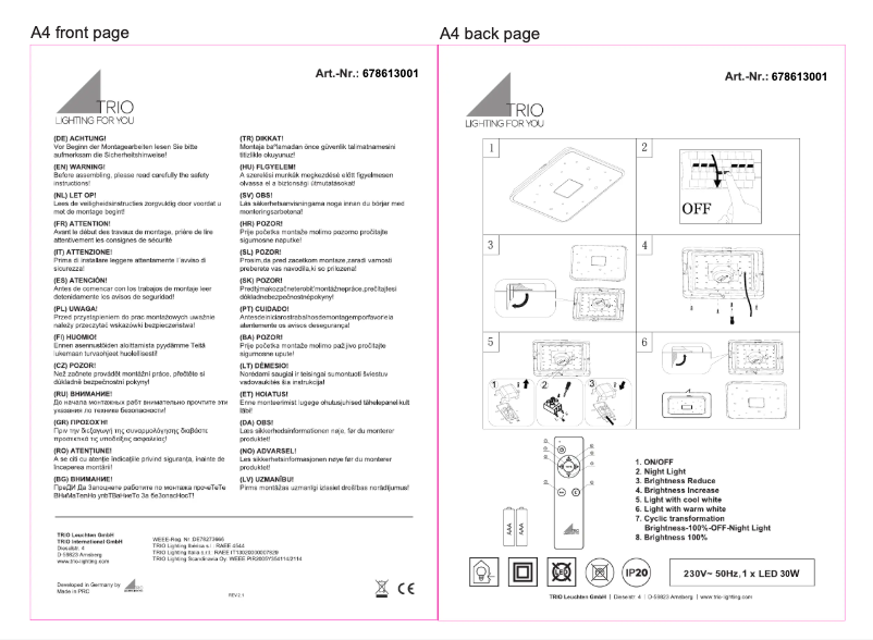 Page 1 of the manual User Manual Trio Lighting Raiko 678613001