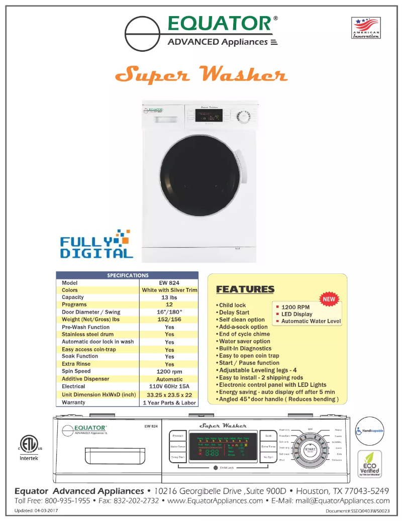 First page image of the manual for EW824NED850