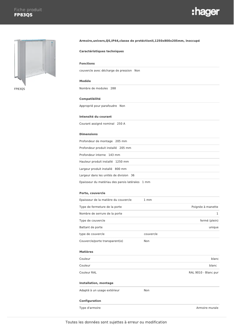 Page 1 of the manual User Manual Hager FP83QS