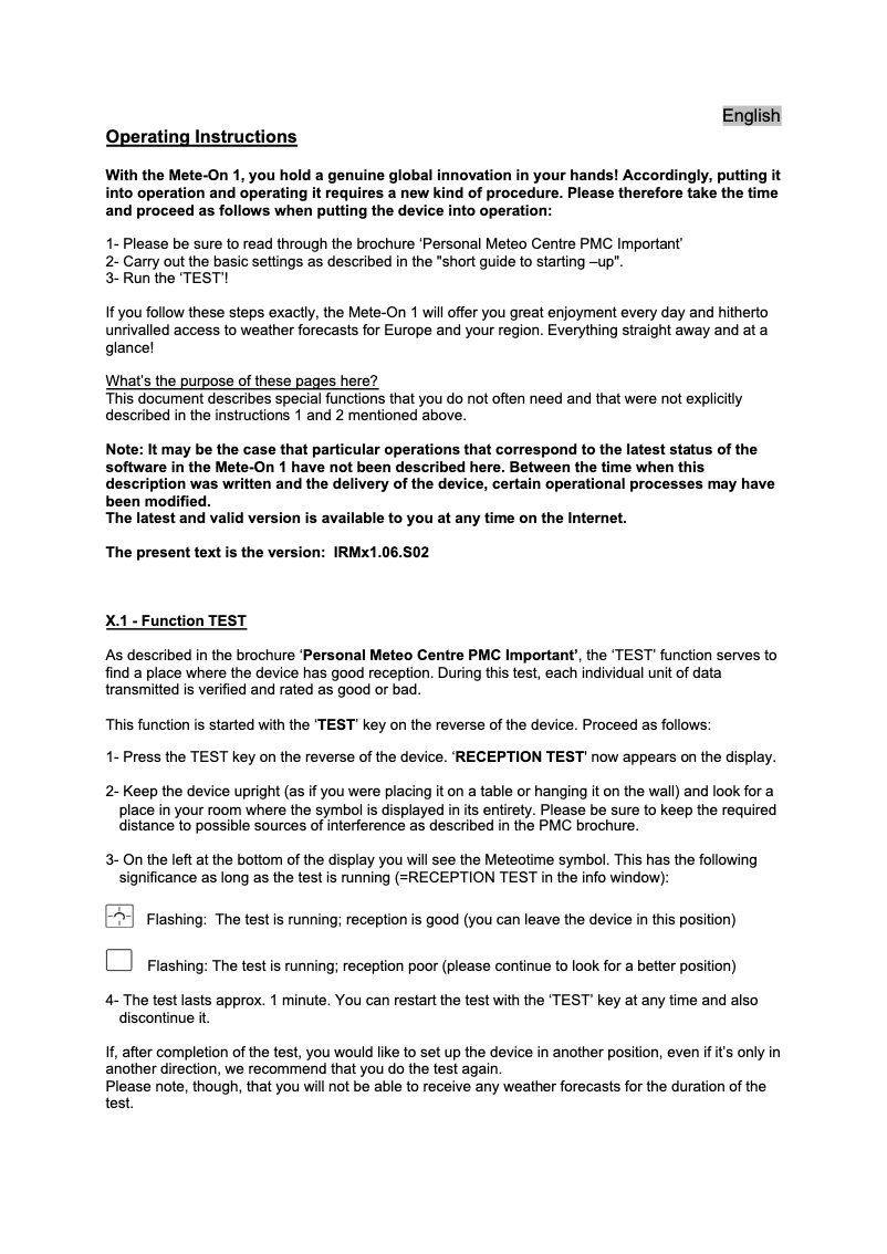 Page 1 of the manual User Manual Irox METE-ON 1