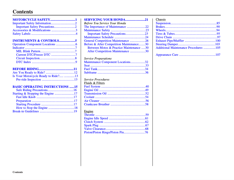 First page image of the manual for CRF250R (2011)