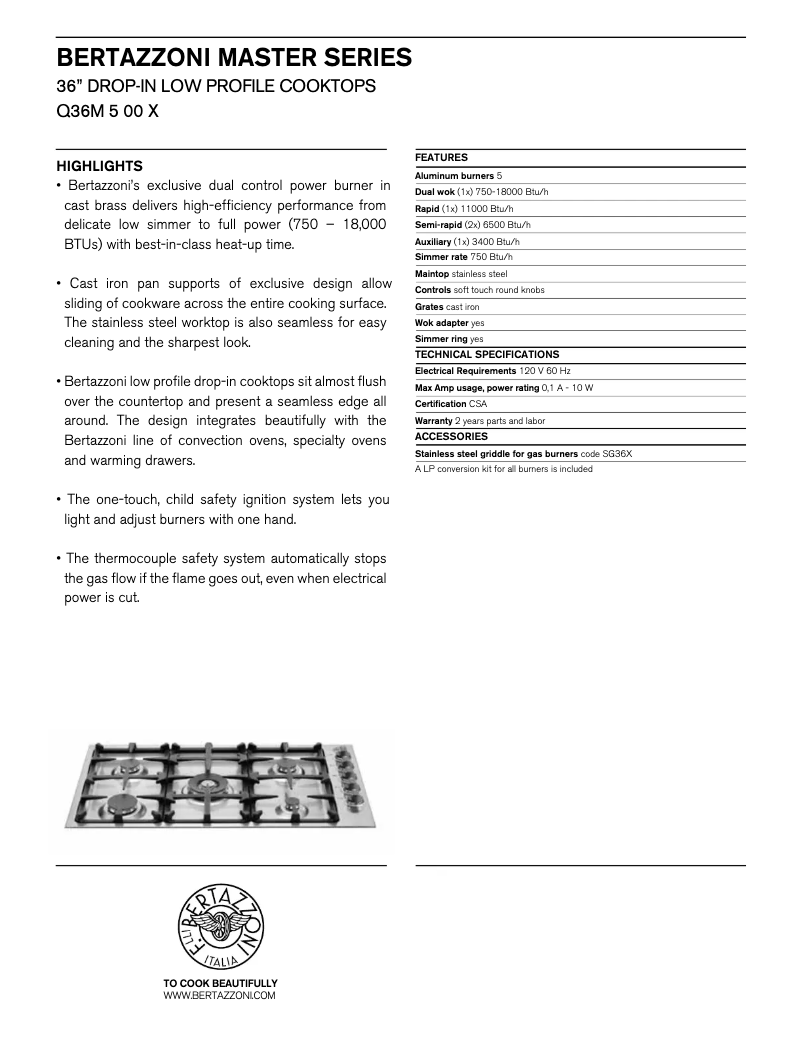 Page 1 of the manual Technical Sheet Bertazzoni Q36M500X