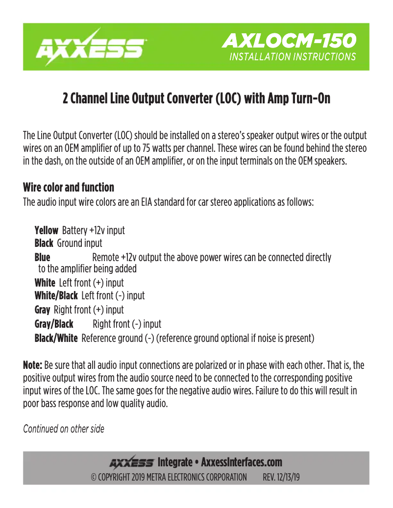 First page image of the manual for AXLOCM-150