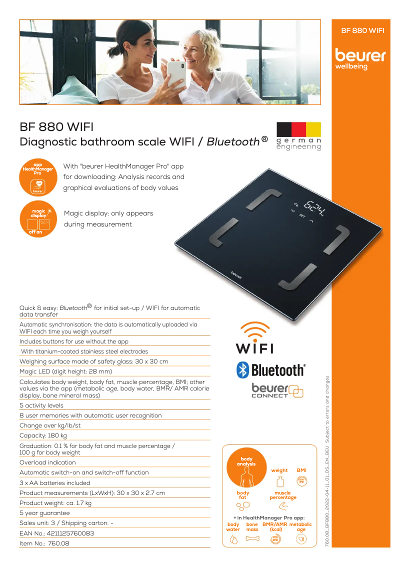 Page 1 of the manual Technical Sheet Beurer BF 880