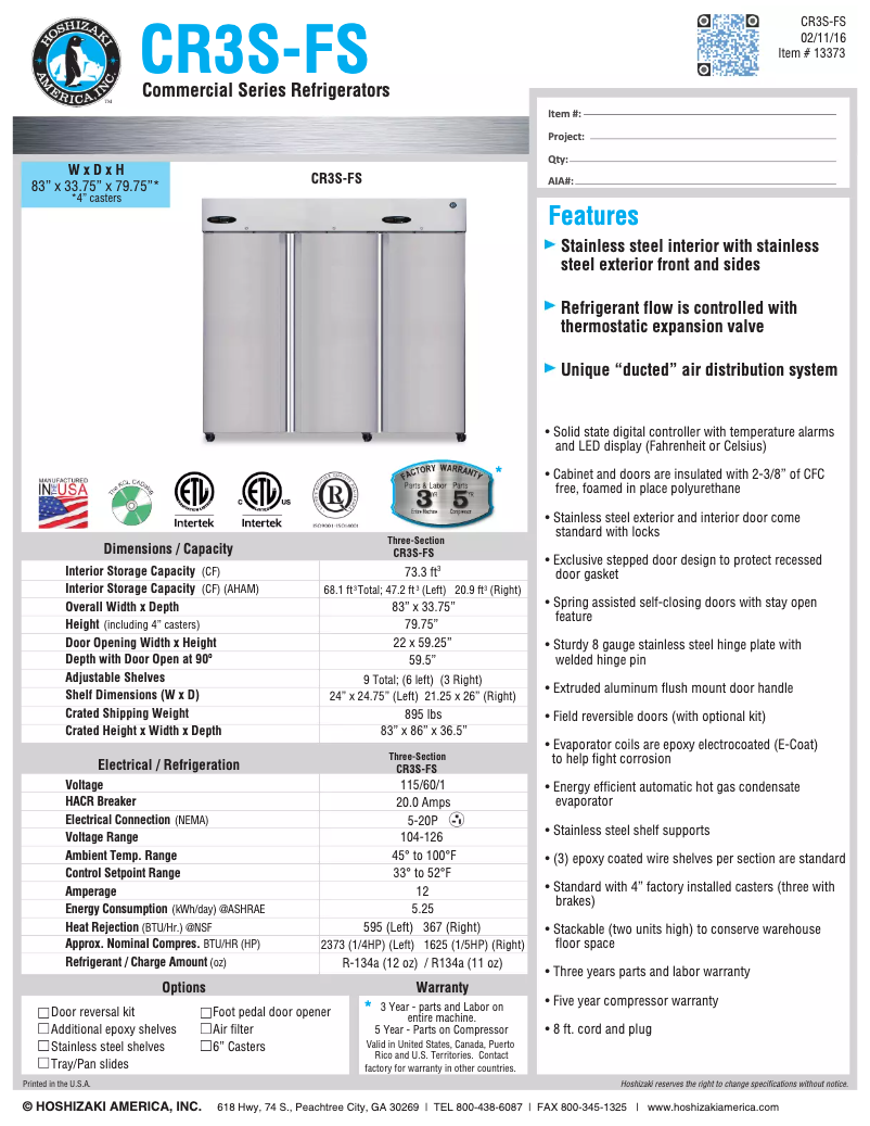 Page 1 of the manual Technical Sheet Hoshizaki Steelheart CR3S-FS