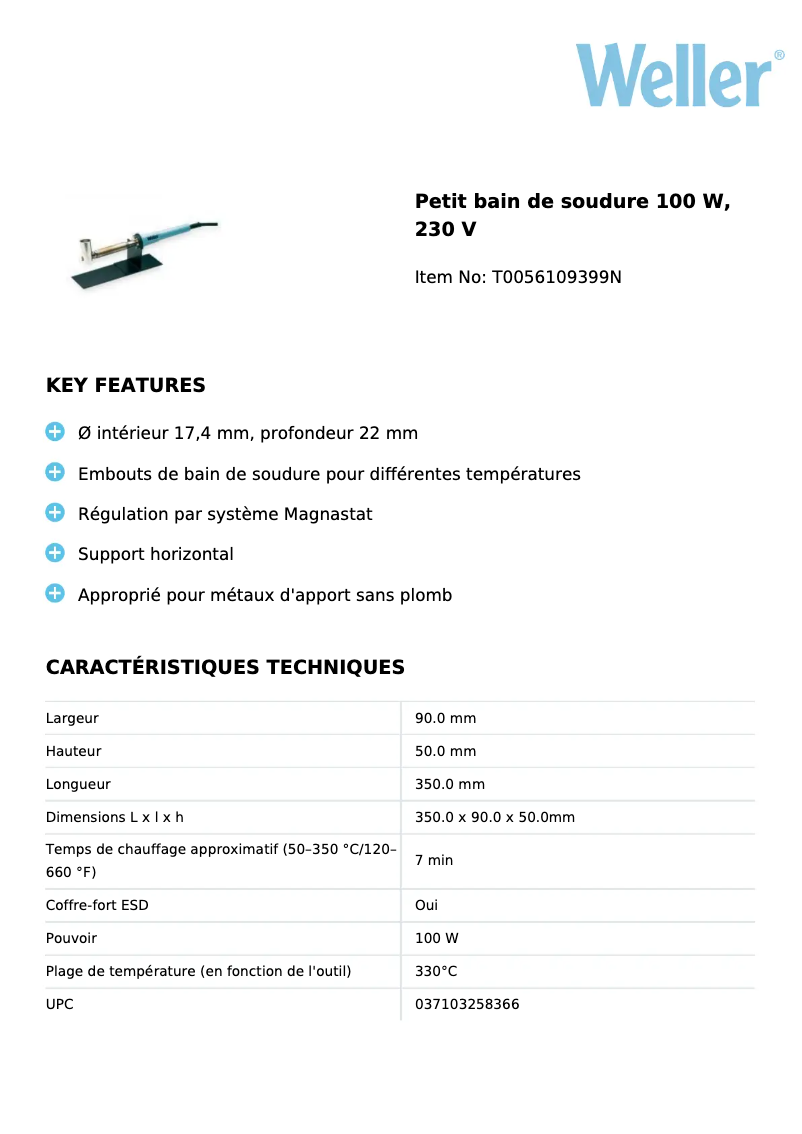 Page 1 of the manual Technical Sheet Weller W101 H