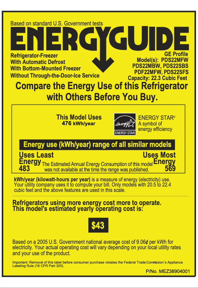 Page 1 of the manual Energy Label GE Profile PDS22MFWWW