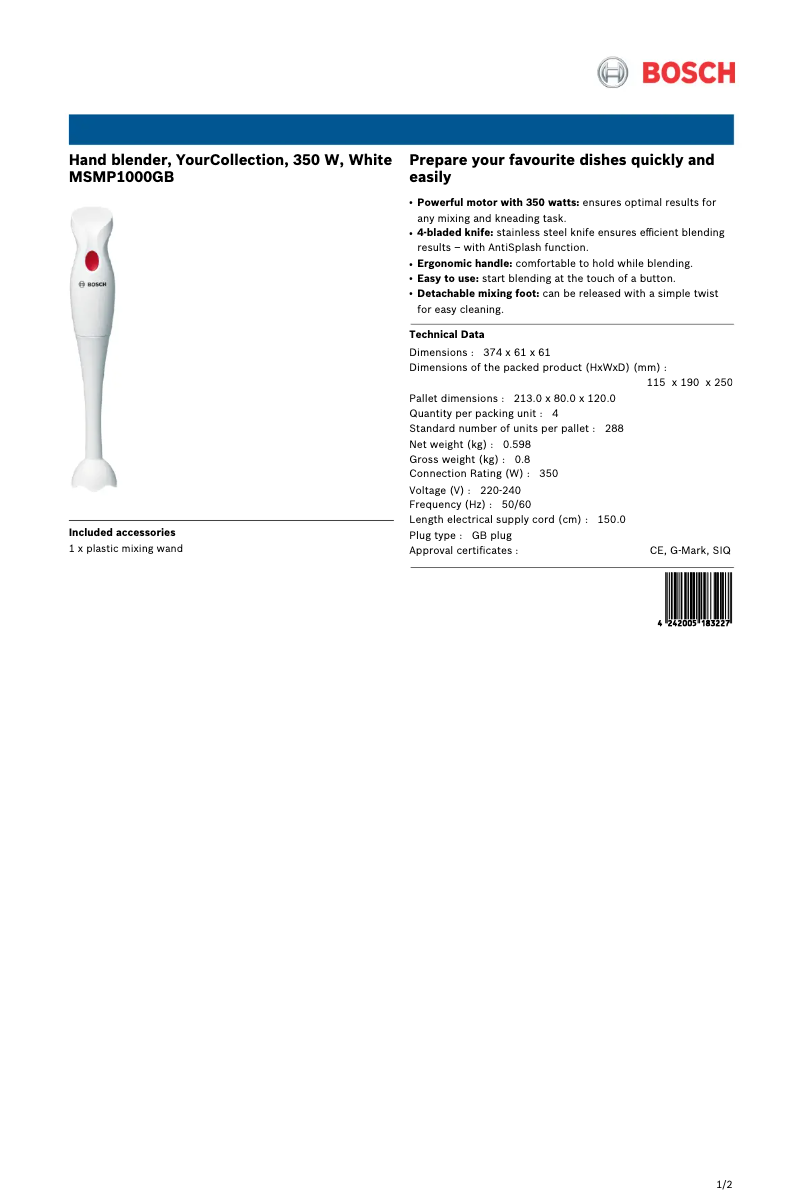 Page 1 of the manual Technical Sheet Bosch MSMP1000GB