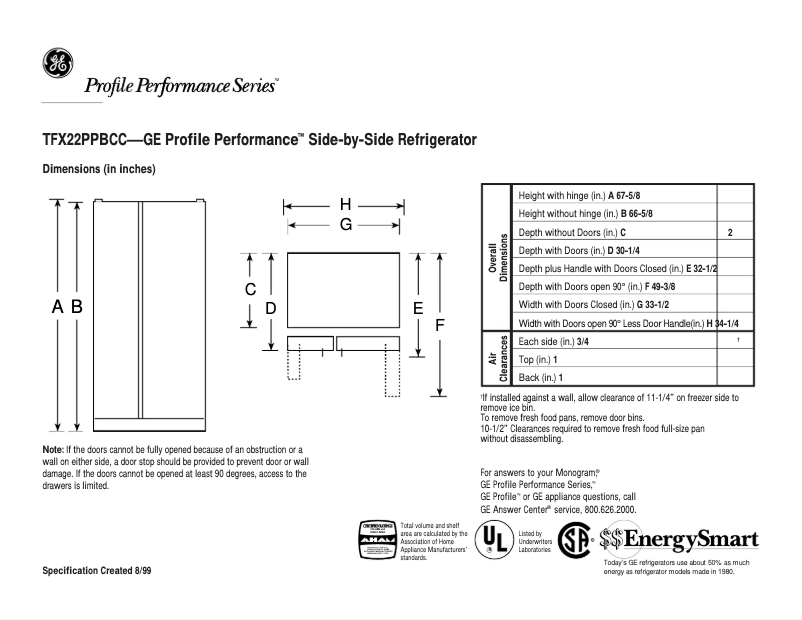 Page 1 of the manual Technical Sheet GE Profile Performance TFX22PPBCC