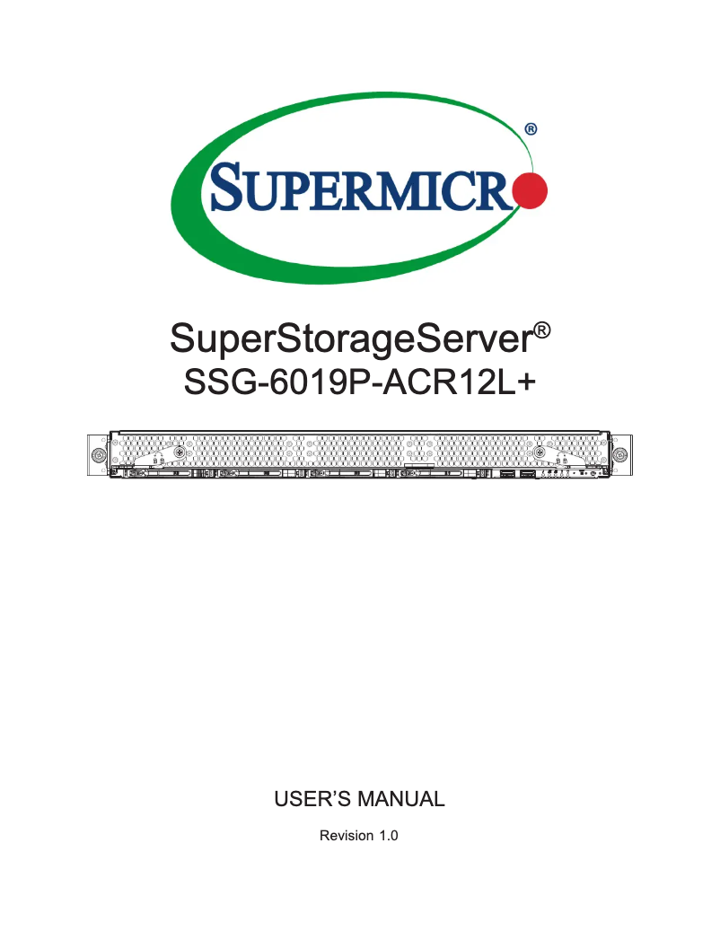 First page image of the manual for SuperStorage 6019P-ACR12L+
