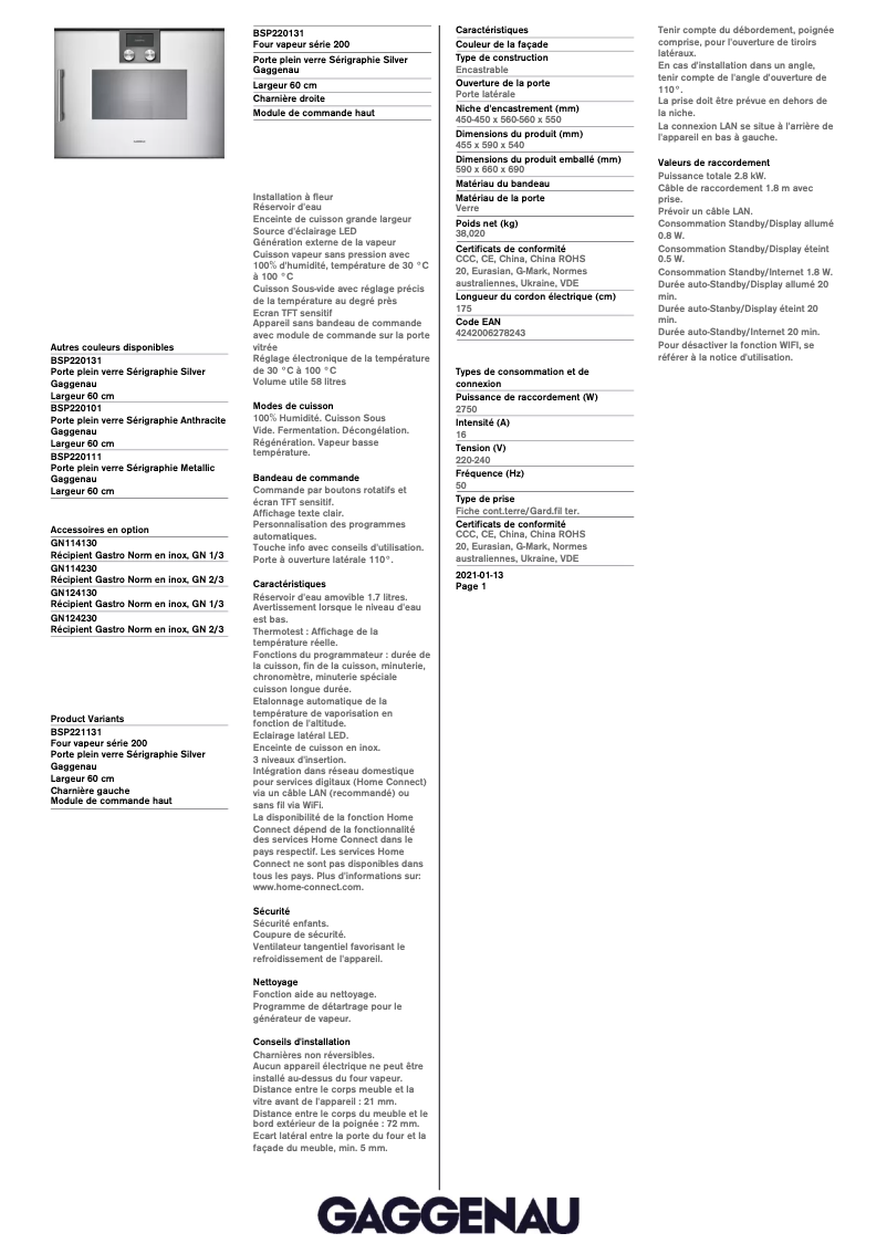 Page 1 of the manual Technical Sheet Gaggenau BSP220131