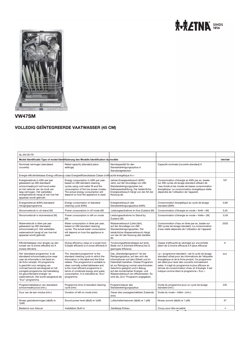 Page 1 of the manual Technical Sheet Etna VW47SM