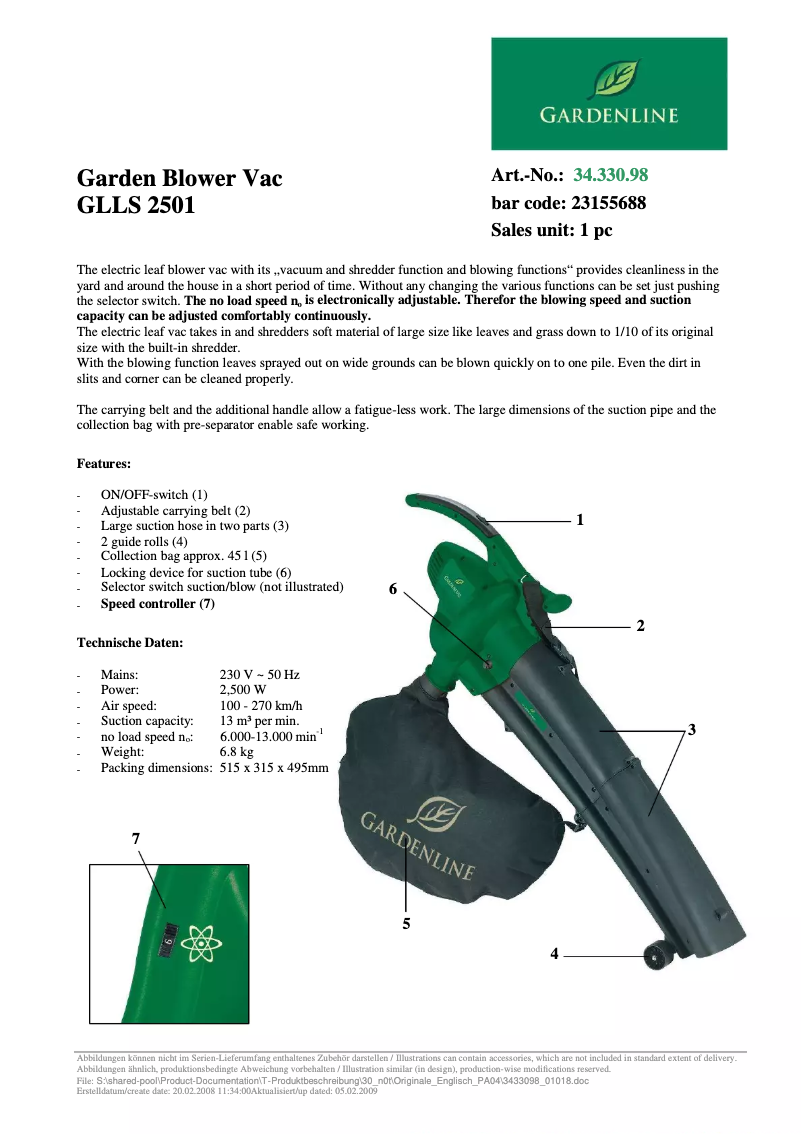 First page image of the manual for GLLS 2501