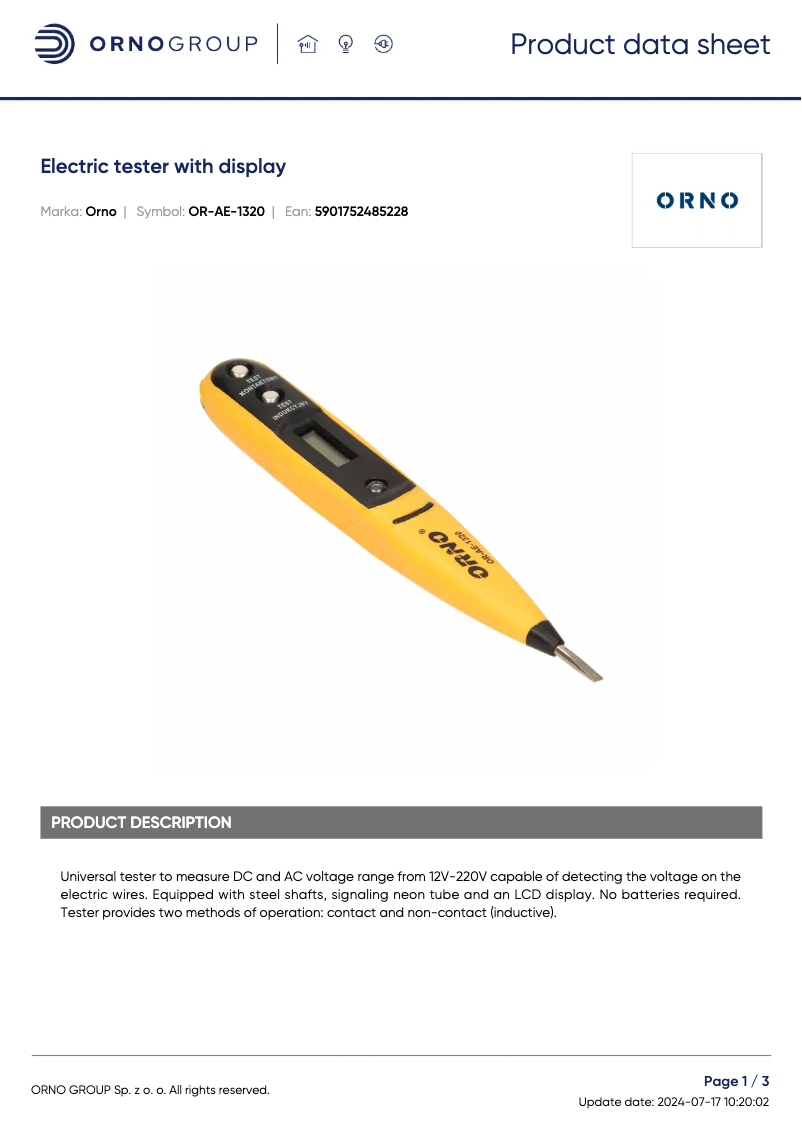 Page 1 of the manual Technical Sheet ORNO OR-AE-1320