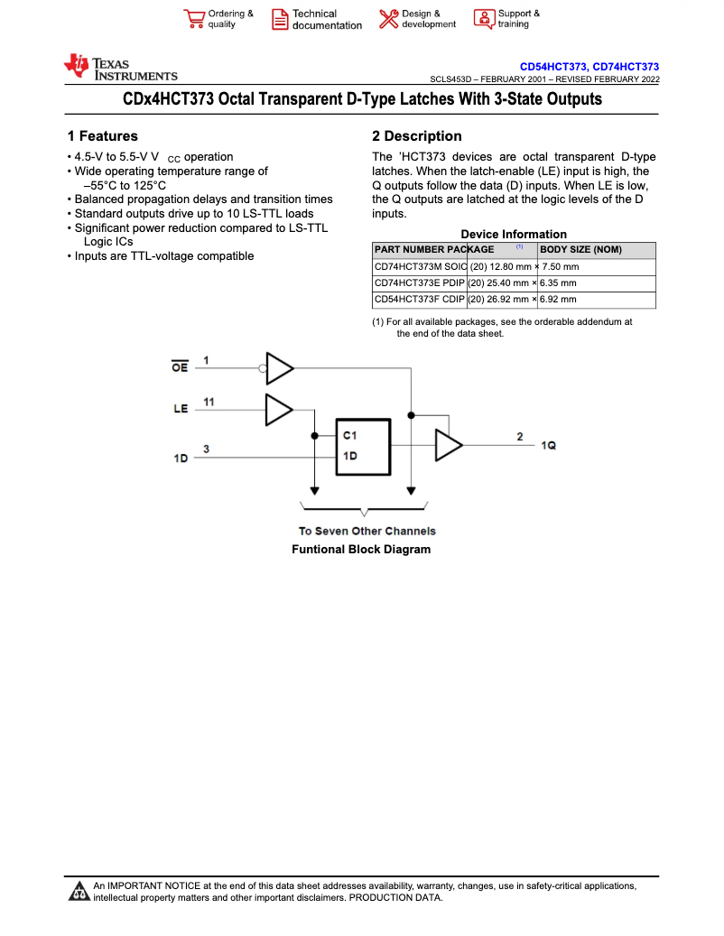 First page image of the manual for CD74HCT373E