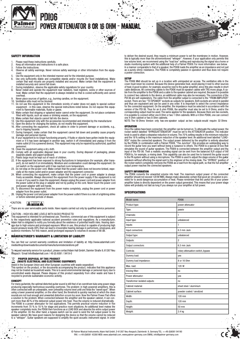 Page 1 of the manual User Manual Palmer PDI 06 L16
