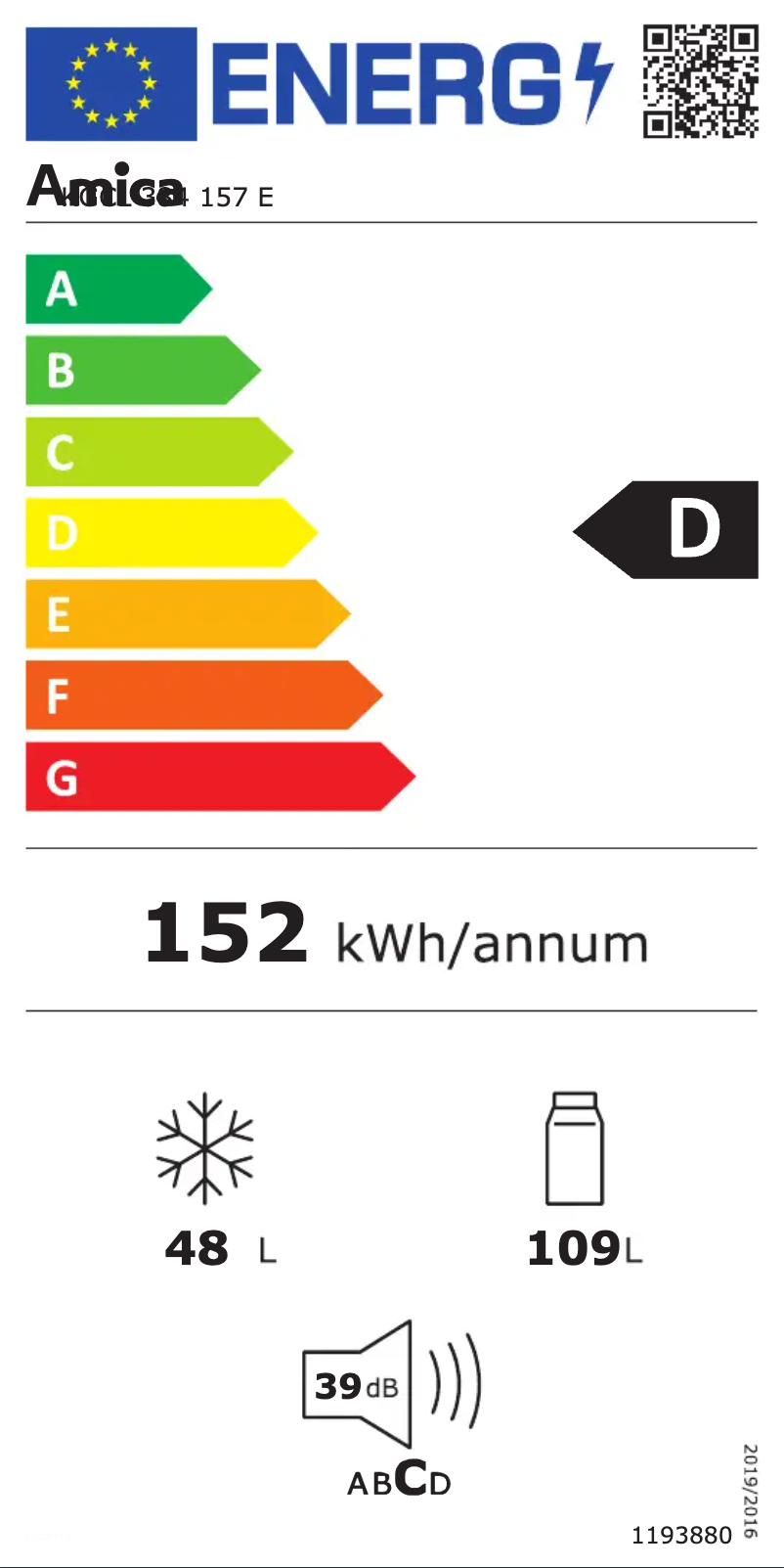 Page 1 of the manual Energy Label Amica KGCL 384 157 E