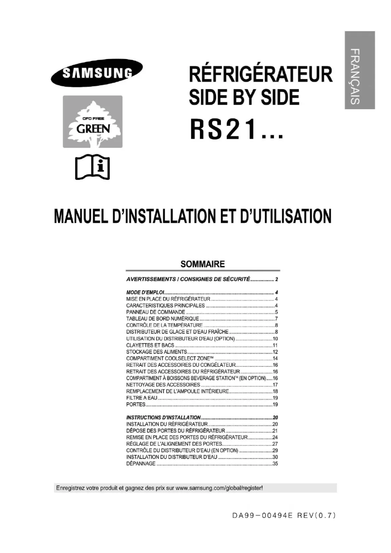 First page image of the manual for RS21FCSV