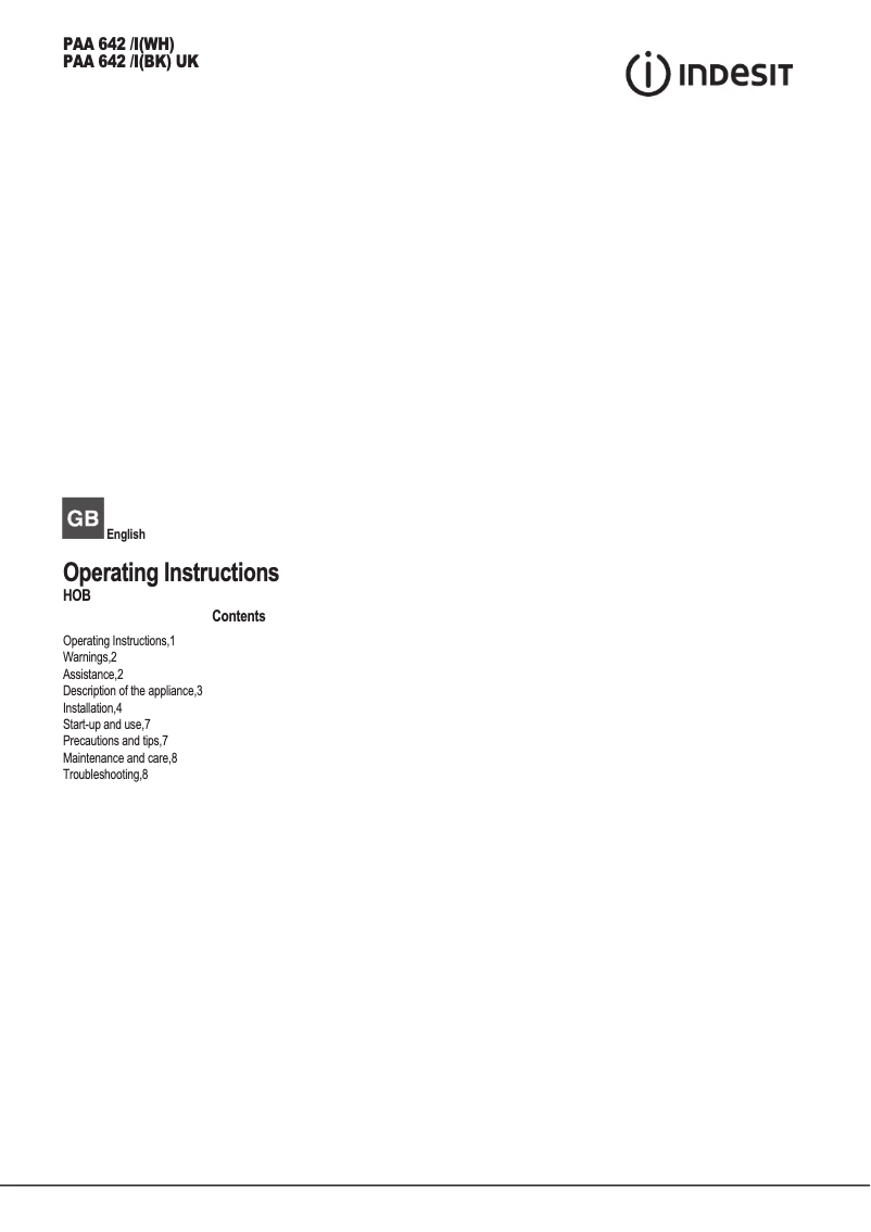 Page 1 of the manual Instruction Manual Indesit PAA 642 /I(BK) UK