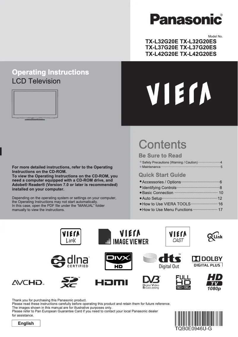 Page 1 of the manual User Manual Panasonic Viera TX-L37G20E