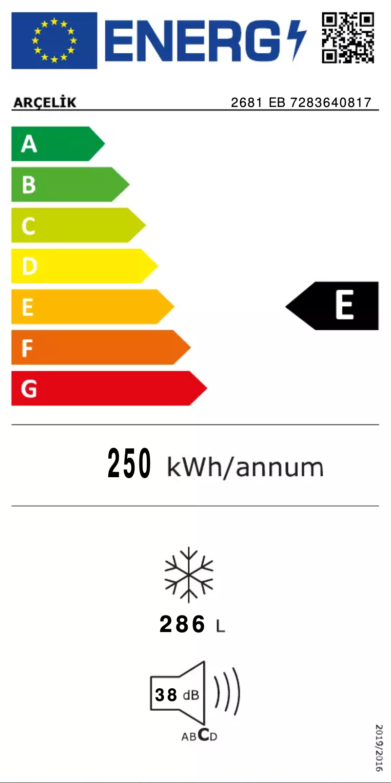 Page 1 of the manual Energy Label Arçelik 2681 EB
