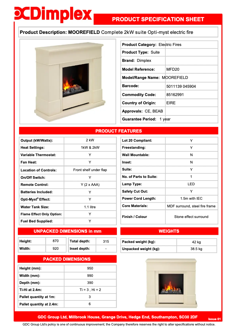 Page 1 of the manual Technical Sheet Dimplex MFD20