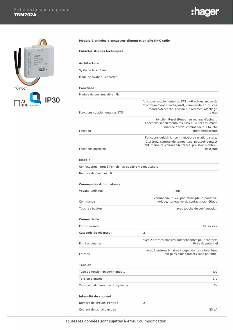 Page 1 of the manual Technical Sheet Hager TRM702A