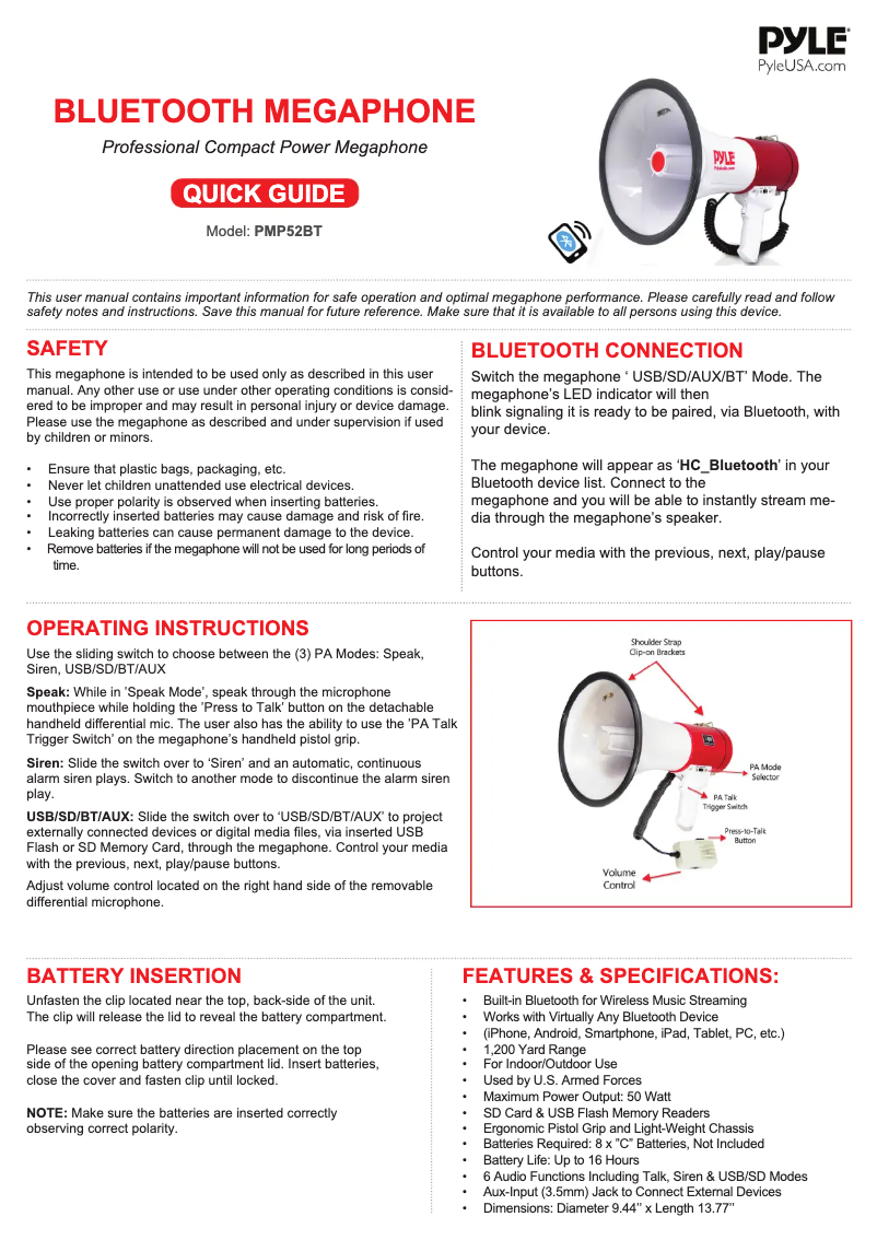 First page image of the manual for PMP52BT
