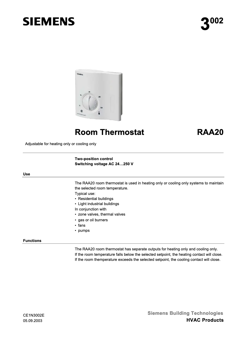 Page 1 of the manual User Manual Siemens Landis & Staefa RAA20