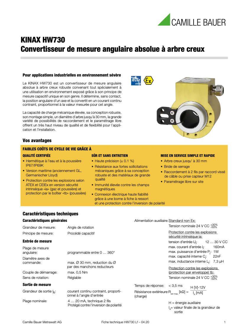 Page 1 of the manual Technical Sheet Camille Bauer KINAX HW730