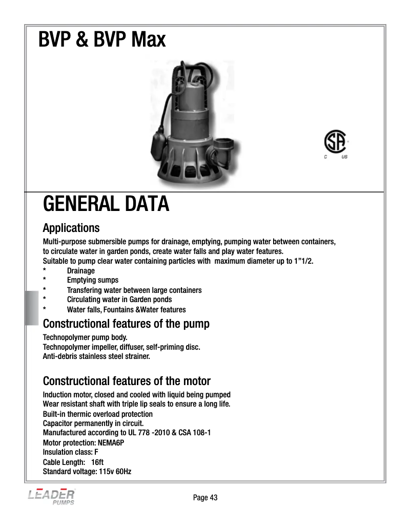 First page image of the manual for BVP MAX