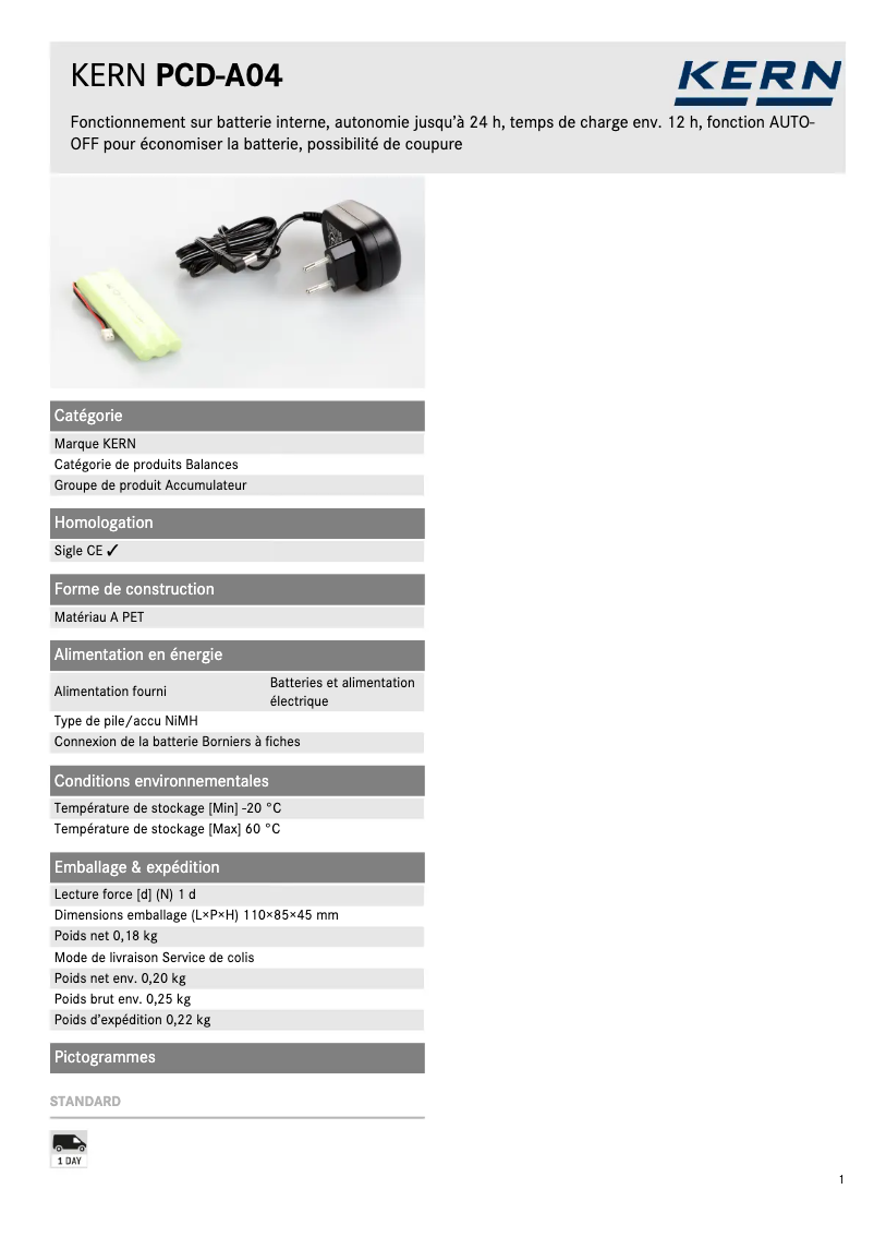Page 1 of the manual Technical Sheet Kern PCD-A04