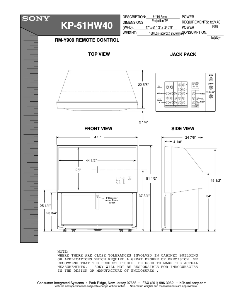 Page 1 of the manual Installation Guide Sony KP-51HW40
