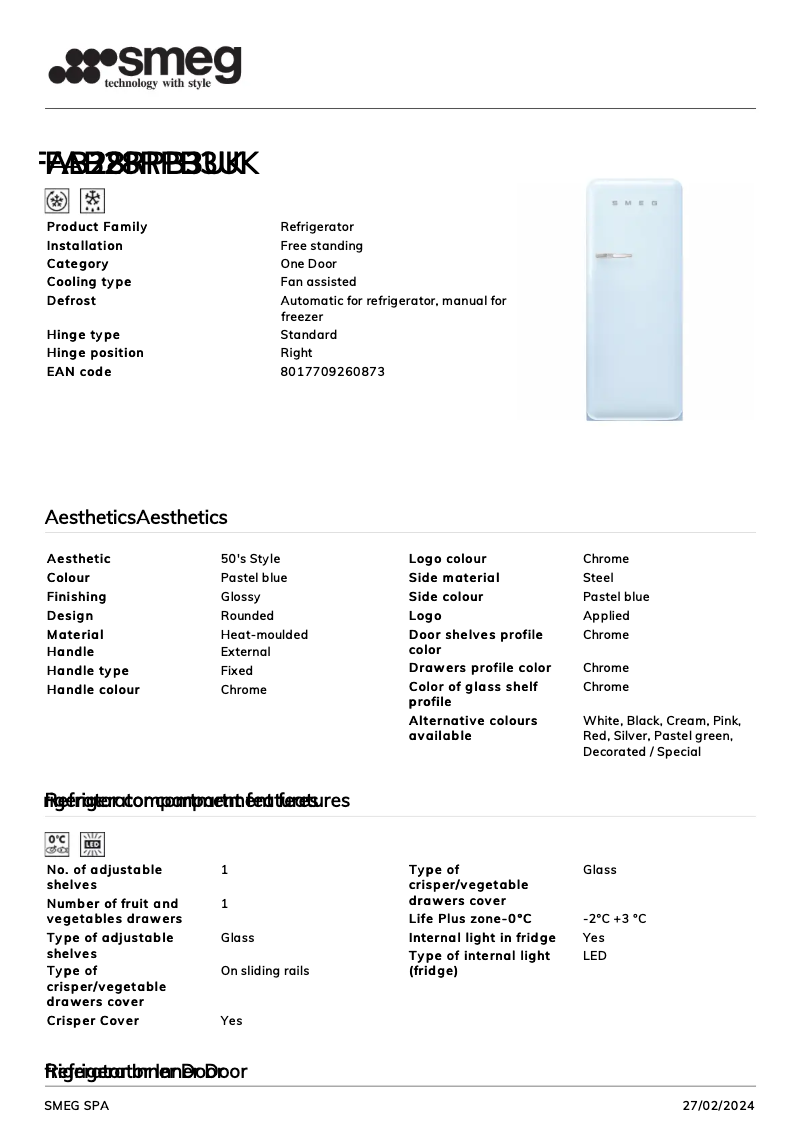 Page 1 of the manual Technical Sheet Smeg FAB28RPB3UK