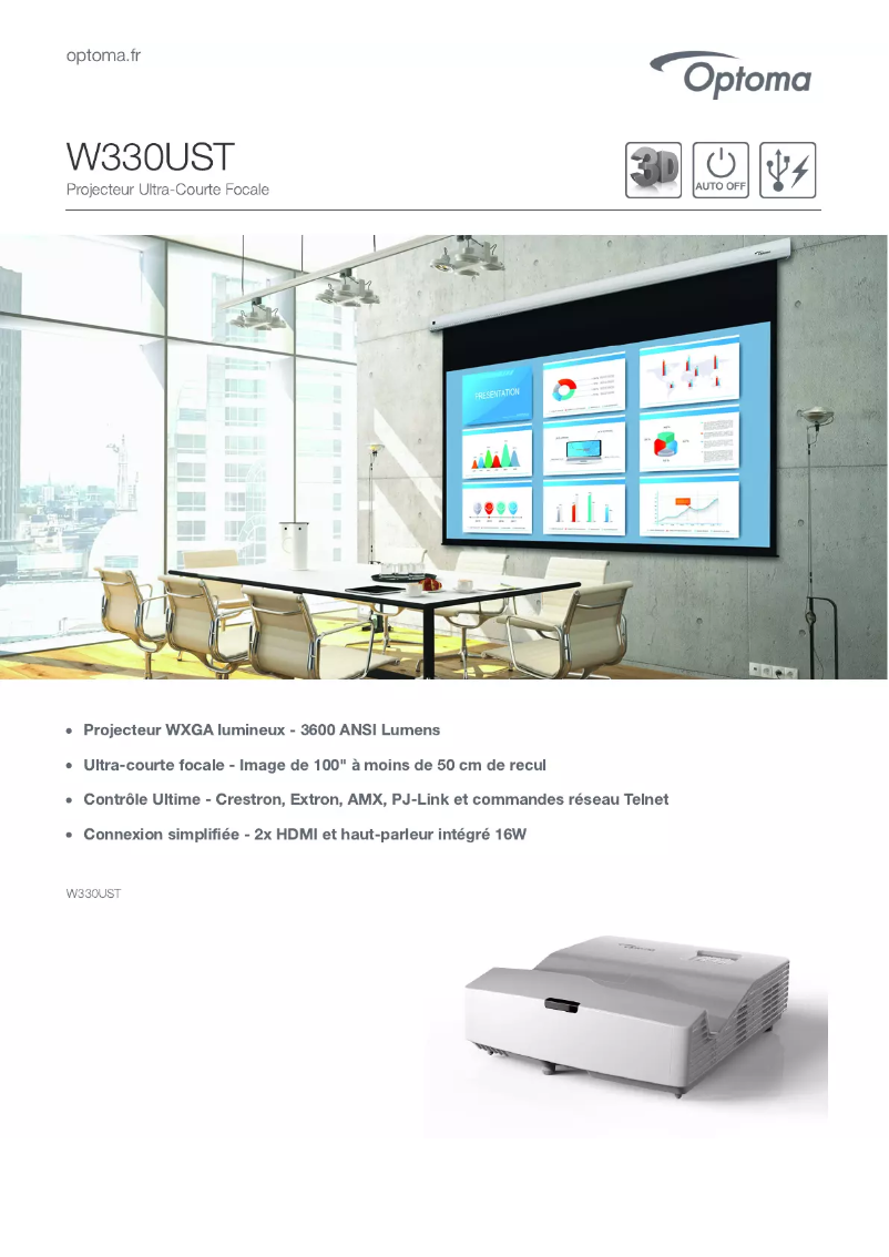 Page 1 of the manual Technical Sheet Optoma W330UST