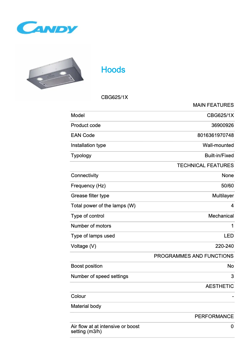Page 1 of the manual Technical Sheet Candy CBG625/1X