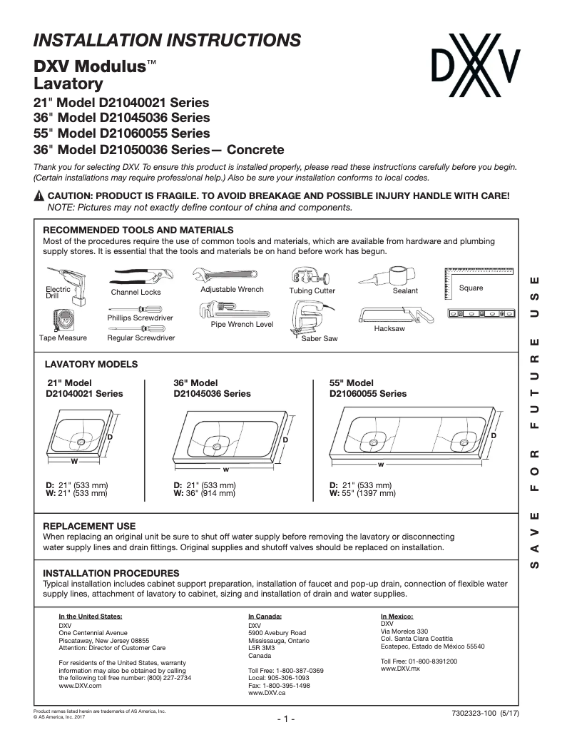 Image de la première page du manuel de l'appareil DXV Modulus D21050036LH