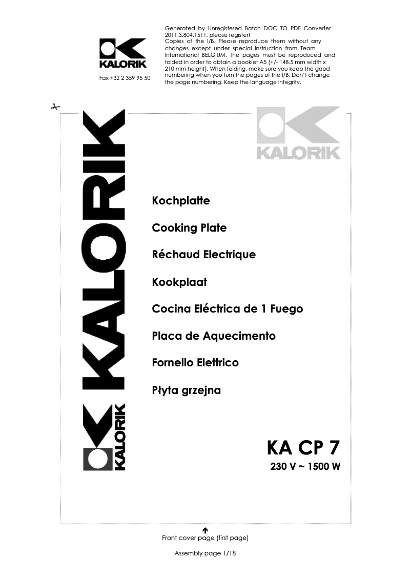 Page 1 of the manual User Manual Kalorik KA CP 7
