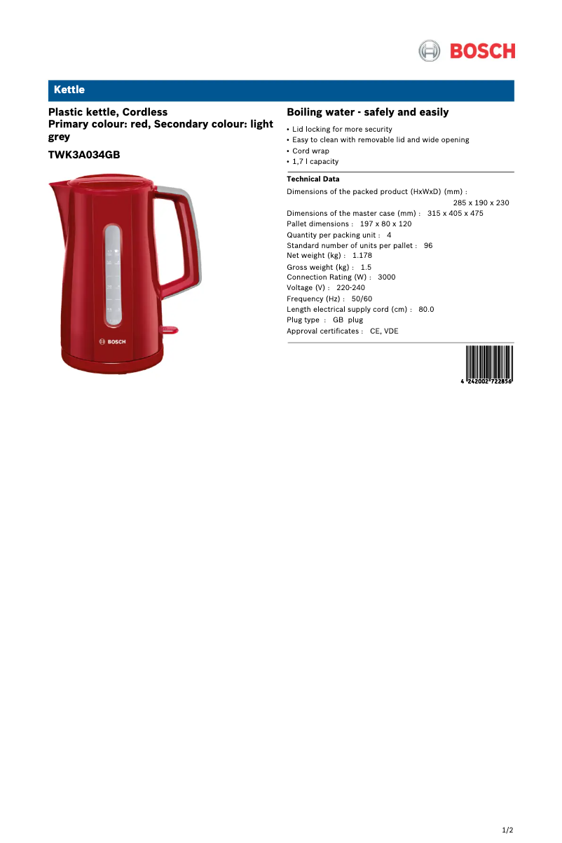 Page 1 of the manual Technical Sheet Bosch TWK3A034GB