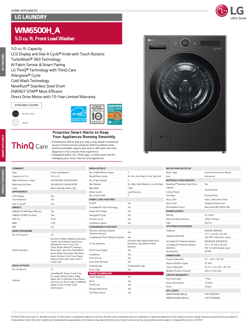 Page 1 of the manual Technical Sheet LG WM6500HWA