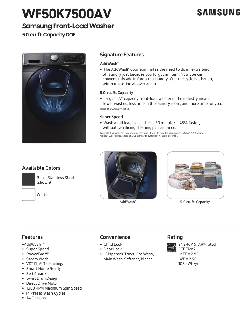 Page 1 of the manual Technical Sheet Samsung WF50K7500A