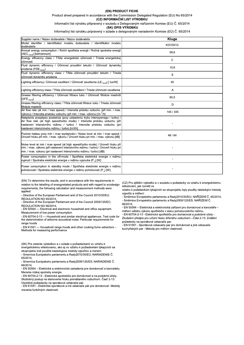 Page 1 of the manual Technical Sheet Kluge KOV5012IX