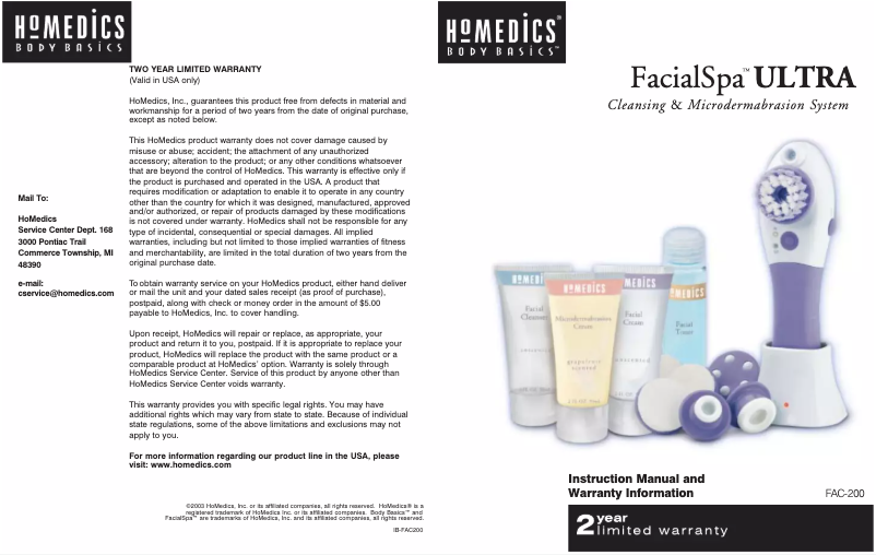 Page 1 of the manual User Manual Homedics FAC-200