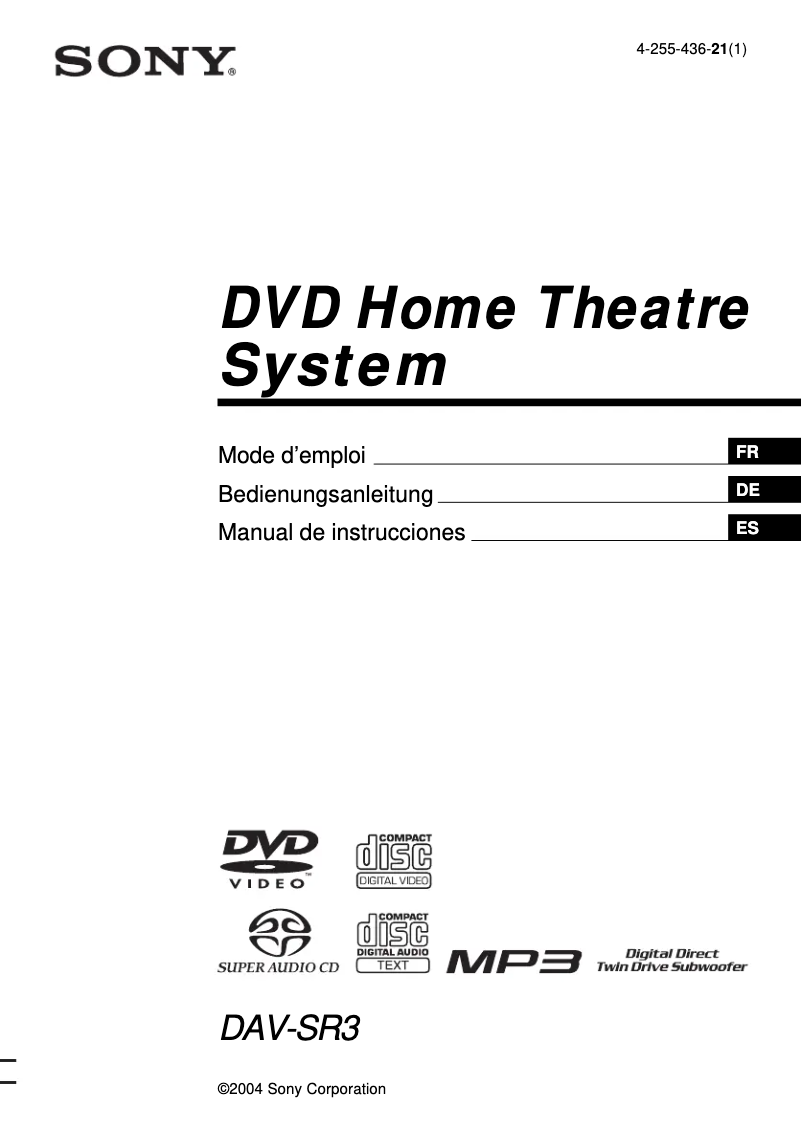 First page image of the manual for DAV-SR3