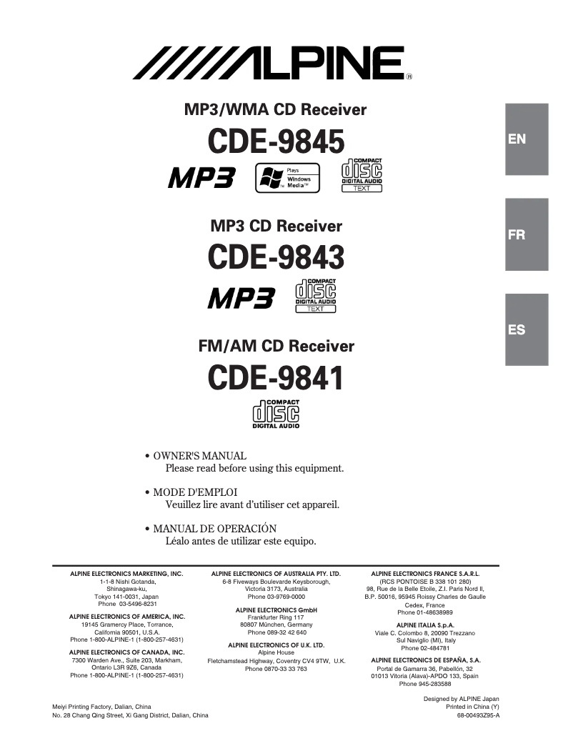 Page 1 of the manual User Manual Alpine CDE-9841