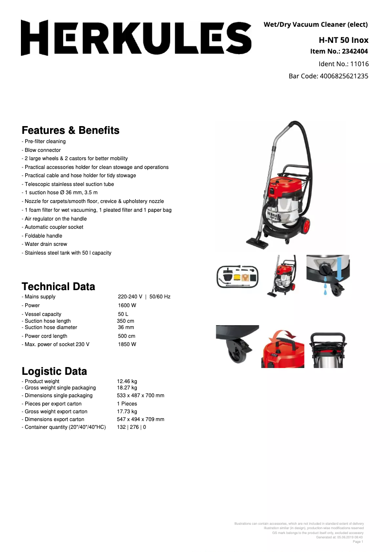 Page 1 of the manual Technical Sheet Herkules H-NT 50 Inox