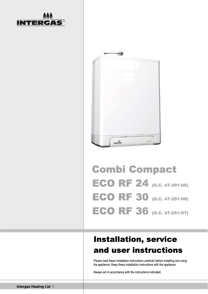 Page 1 of the manual Installation Guide Intergas Combi Compact ECO RF 30