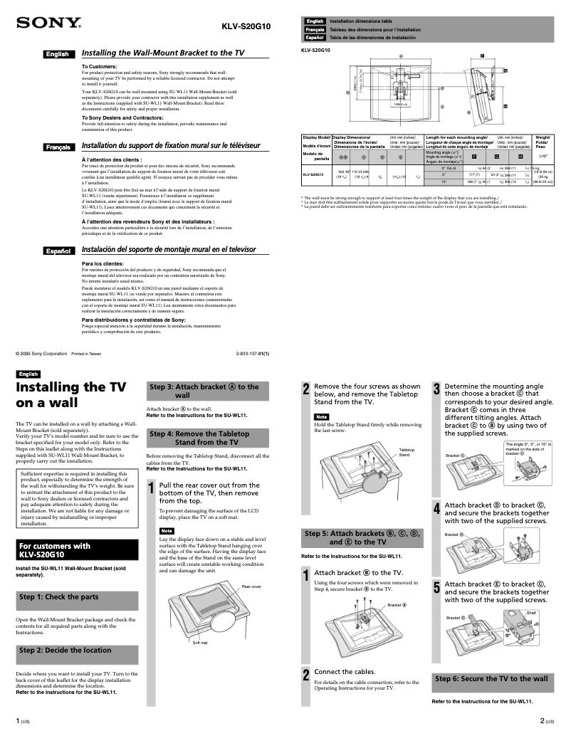 First page image of the manual for Wega KLV-S20G10